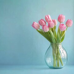 Obraz premium Fresh pink tulips arranged in a glass vase on a light blue background