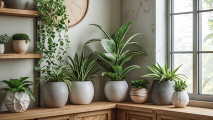 Fototapeta premium Elegant corner decor with lush green plant display