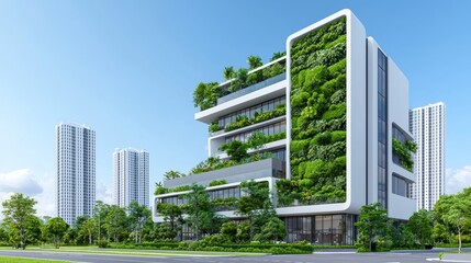 A modern office building's exterior showcases biophilic design, incorporating a lush garden with greenery, plants, and trees. The newly developed property is presented on a bright summer day,