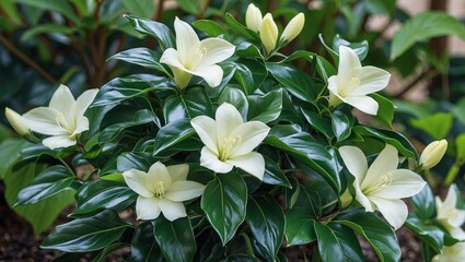 Obraz premium Elegant plant with glossy leaves and white blooms