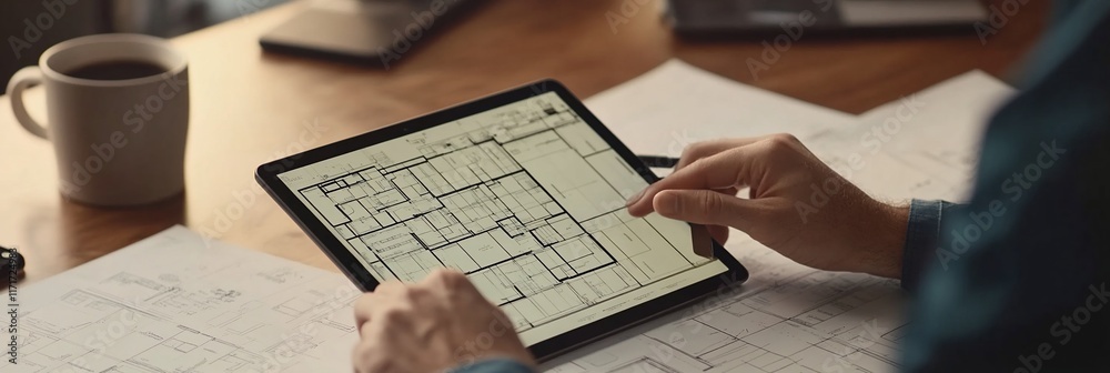 Poster person using tablet to review architectural blueprints at desk.