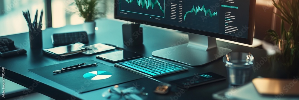 Poster modern workspace with computer displaying financial data, keyboard, tablet, and stationery.