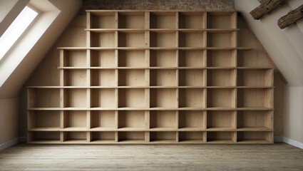 Empty wooden shelf display on a loft wall