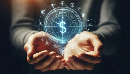 holographic dollar sign, floating above hands, blue glowing technology, circular interface, financial concept, digital currency, futuristic display, businessman suit, palms cupped, dark background, cy