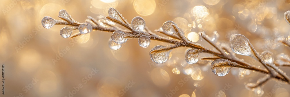 Aufkleber close-up of a frosty branch with water droplets, bokeh background.
