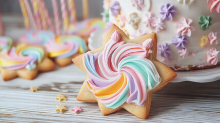 Delightful star shaped pinwheel cookie with colorful frosting, surrounded by festive birthday cake and decorative elements, perfect for celebrations