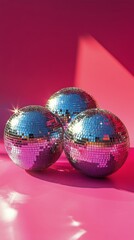 Sparkling disco balls on a vibrant pink surface creating a festive atmosphere for celebration