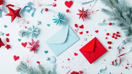 Minimalistic Valentine Day flatlay with pastel blue and red elements – featuring a gift box, envelope, and festive decorations, perfect for greeting cards and celebration banners.