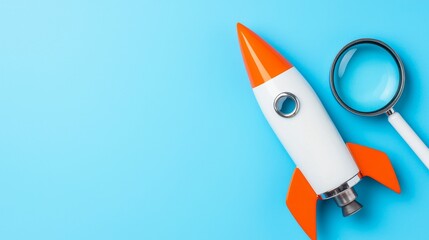 Modern flat design elements depict an orange rocket and magnifying glass on a blue background, signifying consulting, startup innovation, and discovery guidance.