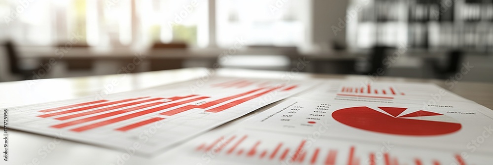 Poster close-up of financial reports with bar and pie charts on a table in a blurred office.