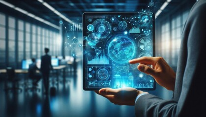 Holographic futuristic interface, floating digital screens, hands interacting with technology, glowing cyan graphics, data visualization, transparent display, augmented reality, high-tech user experie