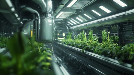 Futuristic hydroponic indoor farm with automated system growing leafy greens.