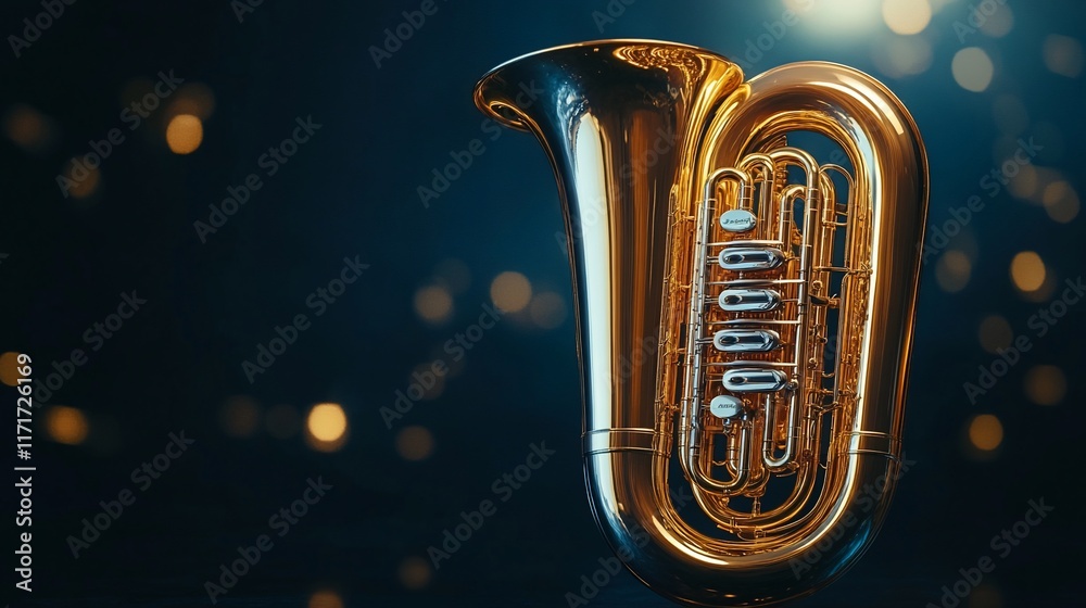 Poster shiny golden tuba on dark background with bokeh lights.