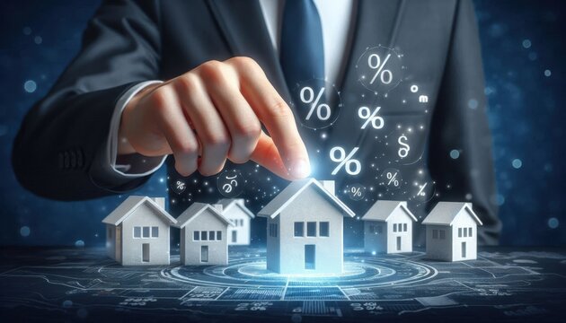 Real estate investment concept, miniature houses on wooden table, hand selecting house model, percentage symbols floating, financial data visualization, turquoise shirt background, property market ana