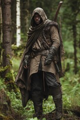 Fototapeta premium A strong warrior stands poised in a dense, enchanting forest.