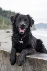 A joyful black dog lounges on a beautiful beach near ocean waves.