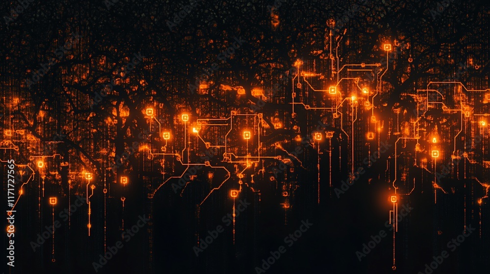 Aufkleber abstract orange glowing circuit board pattern on black background.