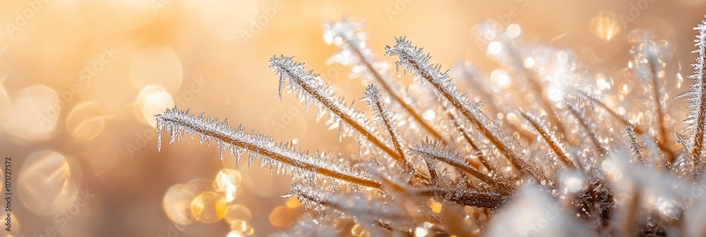 Aufkleber close-up of frost-covered plants in soft sunlight.