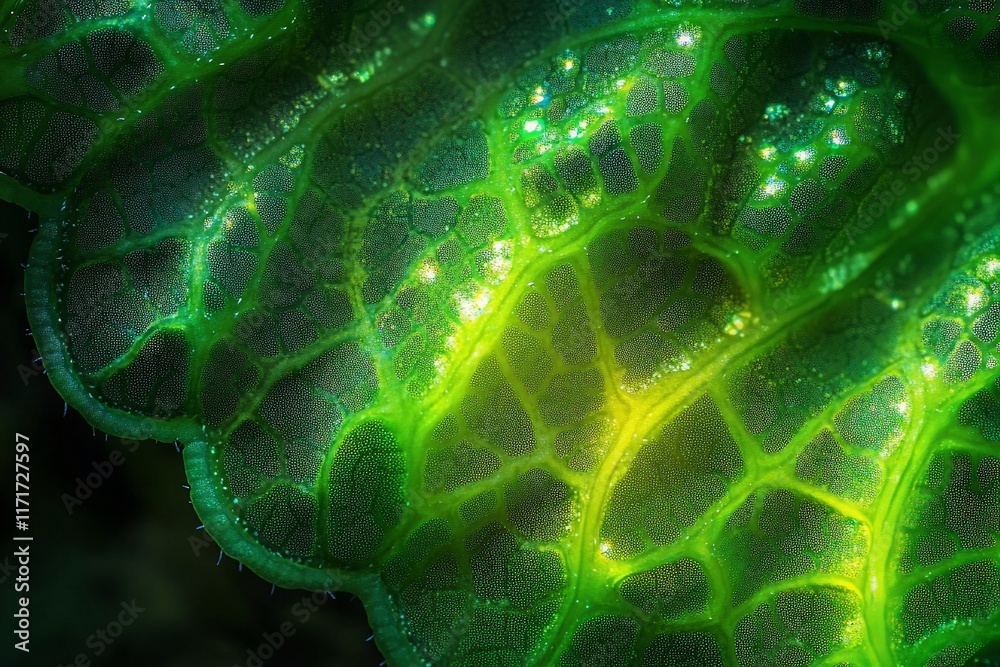 Poster close-up of a vibrant green leaf's intricate cellular structure, illuminated by backlighting, showca
