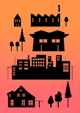 Casas edificios &aacute;rboles f&aacute;brica