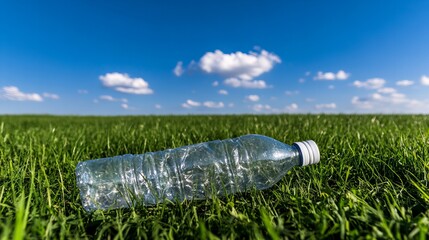 Fototapeta premium A discarded plastic bottle lies in a lush green field under a vibrant blue sky. A symbol of environmental pollution.