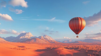 Obraz premium Hot air balloon soaring over a vast desert landscape under a vibrant sky.