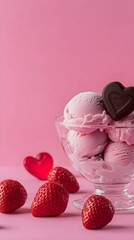 Strawberry ice cream served in a glass bowl with chocolate heart on pink background