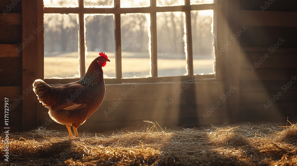 Poster a hen stands in a barn, sunbeams streaming through a window.