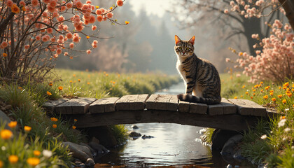 Tabby cat sitting on wooden bridge in spring garden