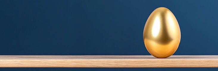 A Golden Nest Egg Resting on a Wooden Table Against a Blue Background - Symbolizing Investment and Retirement Plans