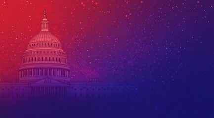 Masked white US capitol building at left with stars red white blue election political background room for copy text