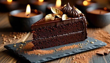 A rich, glossy dark chocolate cake slice with delicate gold leaf accents, resting on a textured slat
