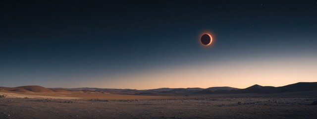 A minimalist photograph of a lunar eclipse over a desert landscape, Eclipse scene, Minimalist style