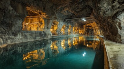Illuminated indoor pool in a cavernous space with rock formations and reflections.
