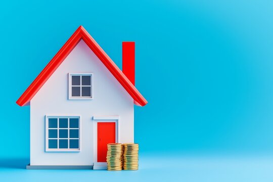 A 3D illustration of a house and gold coins on a blue background, representing the concepts of business mortgage investment, financial loans, money saving, and cash flow.