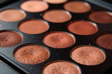 Naklejka premium closeup of makeup palette with various shades of brown eyeshadows. beauty and cosmetic concept in mocha mousse tones - color of the year 2025. fashion blog poster, product advertising.