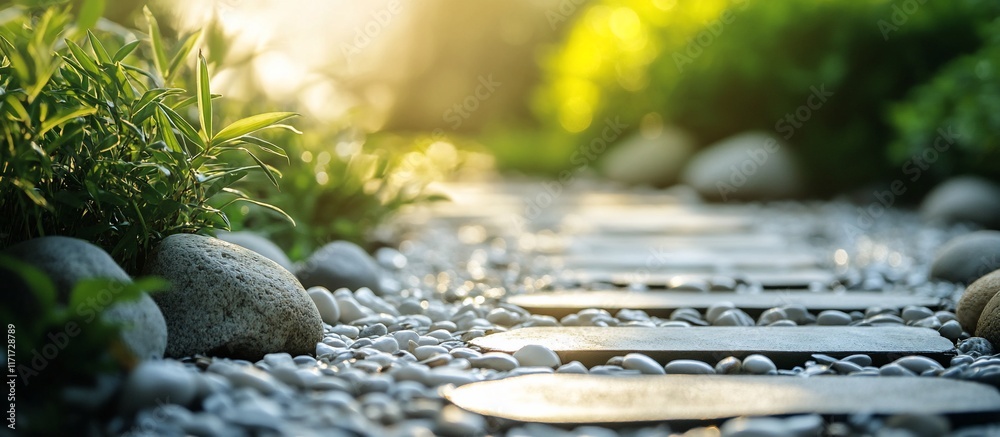 Poster sunlit garden path with stone slabs and pebbles.