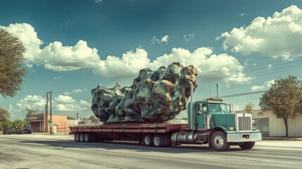 Large abstract bronze sculpture transported on flatbed truck down a sunny road.