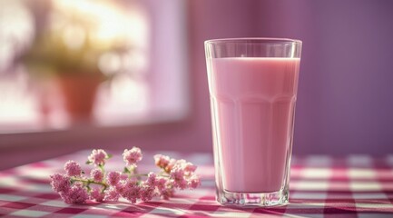 Refreshing pink drink in a transparent glass on a checkered tablecloth