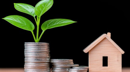This image depicts sustainable growth in real estate, showcasing a model house with coins and a young plant emerging from the soil, symbolizing a flourishing investment.