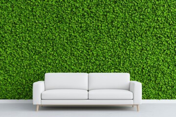 Fototapeta premium Contemporary eco-friendly home interior featuring green and white hues with biophilic design elements. A modern living room showcasing biophilic apartment design.