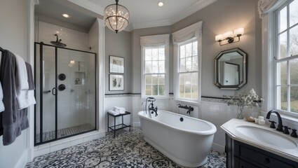 Large bathroom with shower and black white tiles