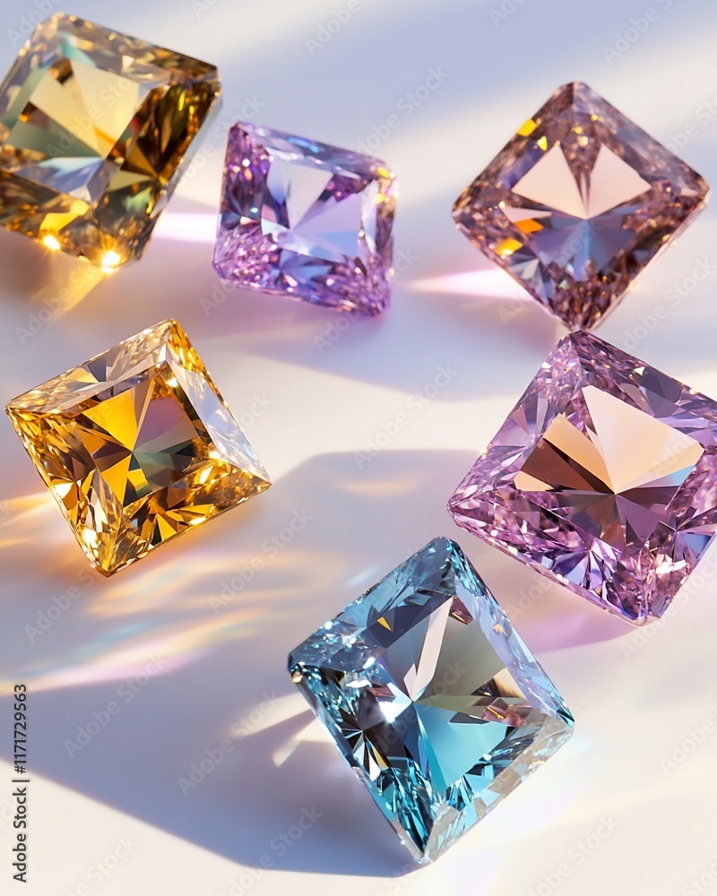 Poster collection of radiant, square-cut gemstones in assorted colors displayed on a bright surface.