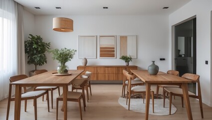 Modern apartment dining room with wooden table and chairs