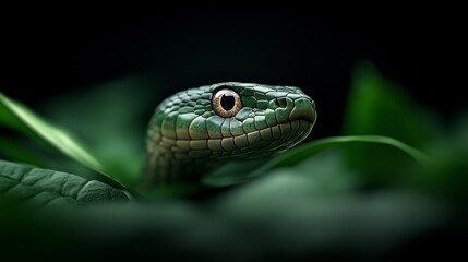Fototapeta premium Green snake crawling through lush grass in a shaded natural environment