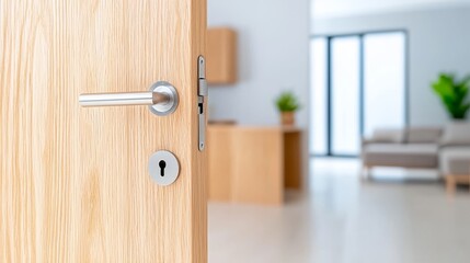 Obraz premium A wooden entrance door leads into the kitchen, equipped with appliances and numerous houseplants, embodying the concept of a welcoming home and urban jungle interior design.