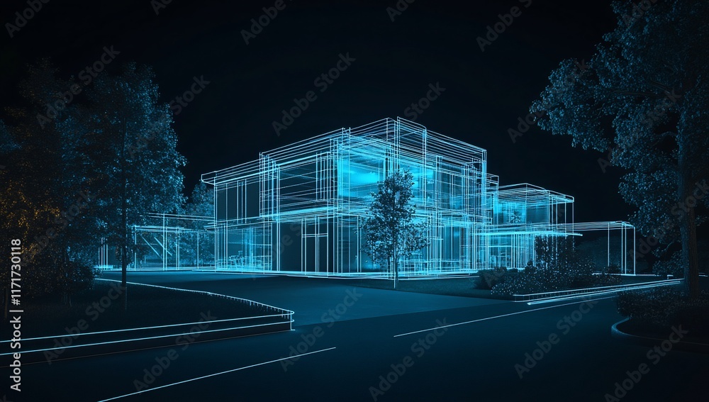 Poster wireframe model of a modern house at night, surrounded by trees and a road.