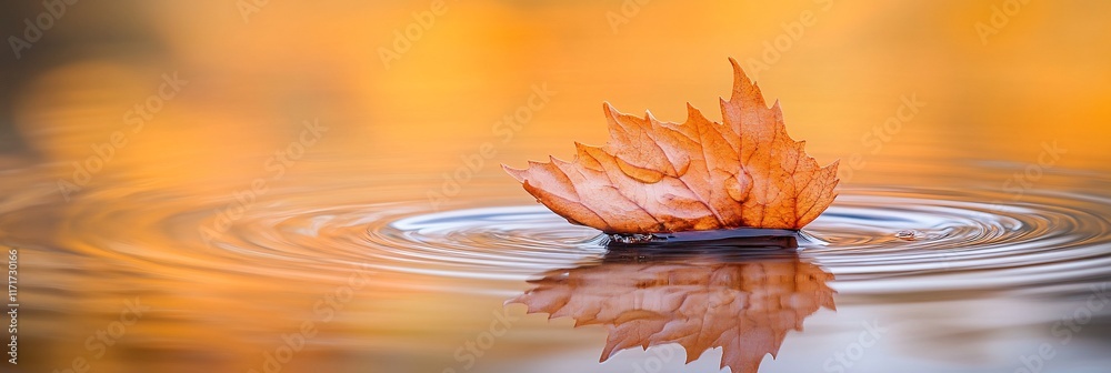 Aufkleber autumn leaf floating on calm water, creating concentric ripples; warm, orange background.