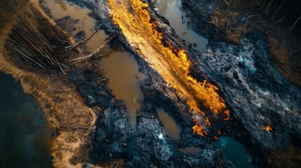 Aerial view of fire burning in muddy, watery landscape.