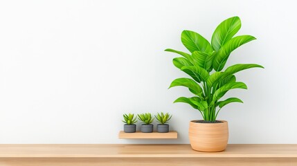 In a minimalist kitchen and living room, a wooden tabletop or shelf features contemporary vases, surrounded by many houseplants, embodying an urban jungle and biophilic interior design.